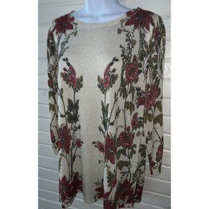 JOSEPH A. Sz MEDIUM Ivory Red Metallic Floral Sweater Keyhole Back EUC